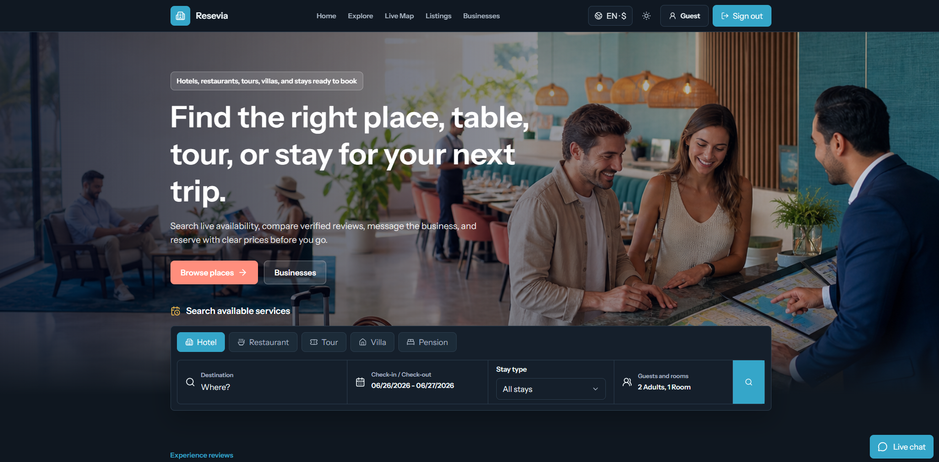 Resevia homepage dark mode