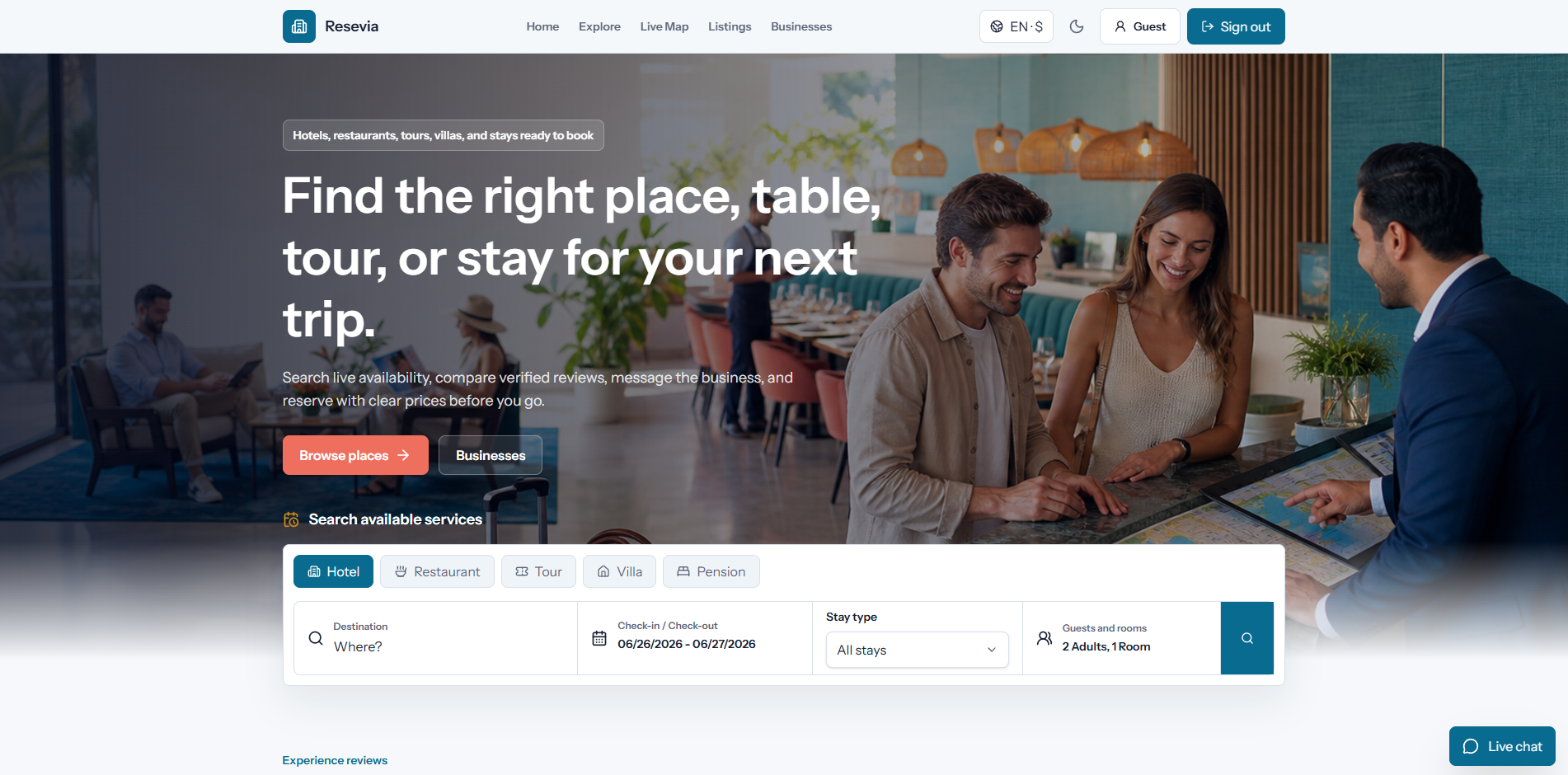Resevia booking marketplace homepage preview