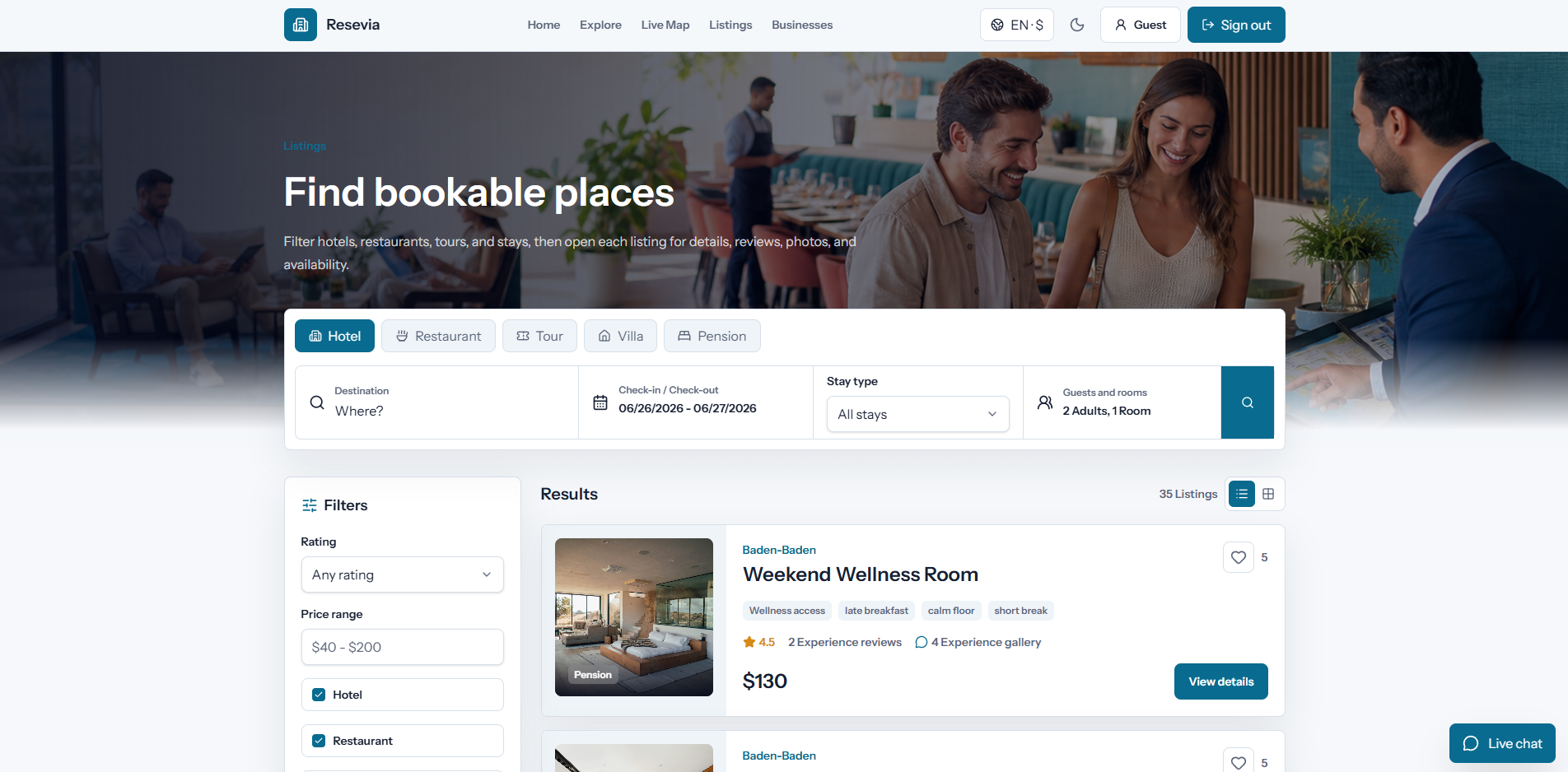 Resevia listings light mode