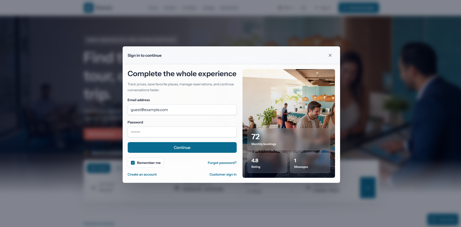 Resevia customer login modal
