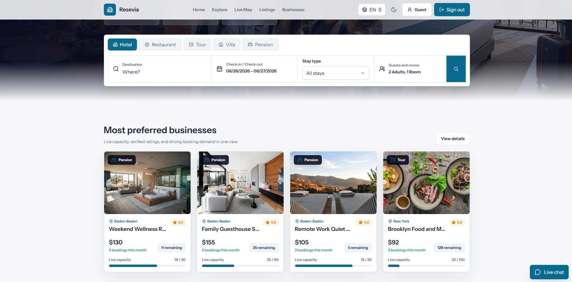 Resevia preferred businesses light mode